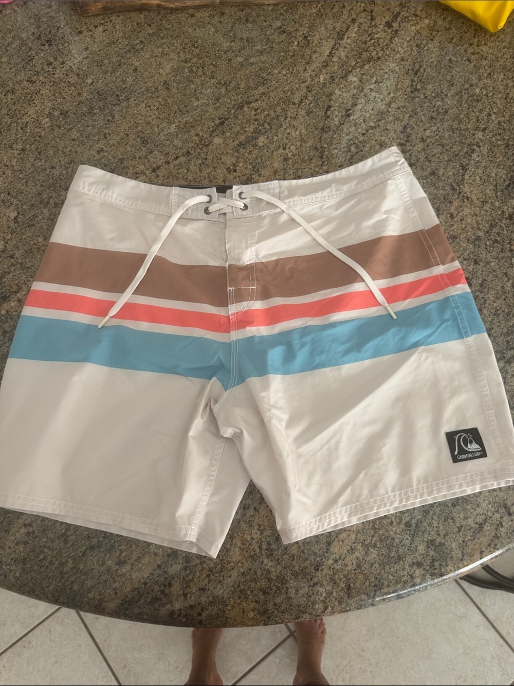 Quiksilver White Swim Board shorts with Tan, Coral & Light Blue Stripes Size 36